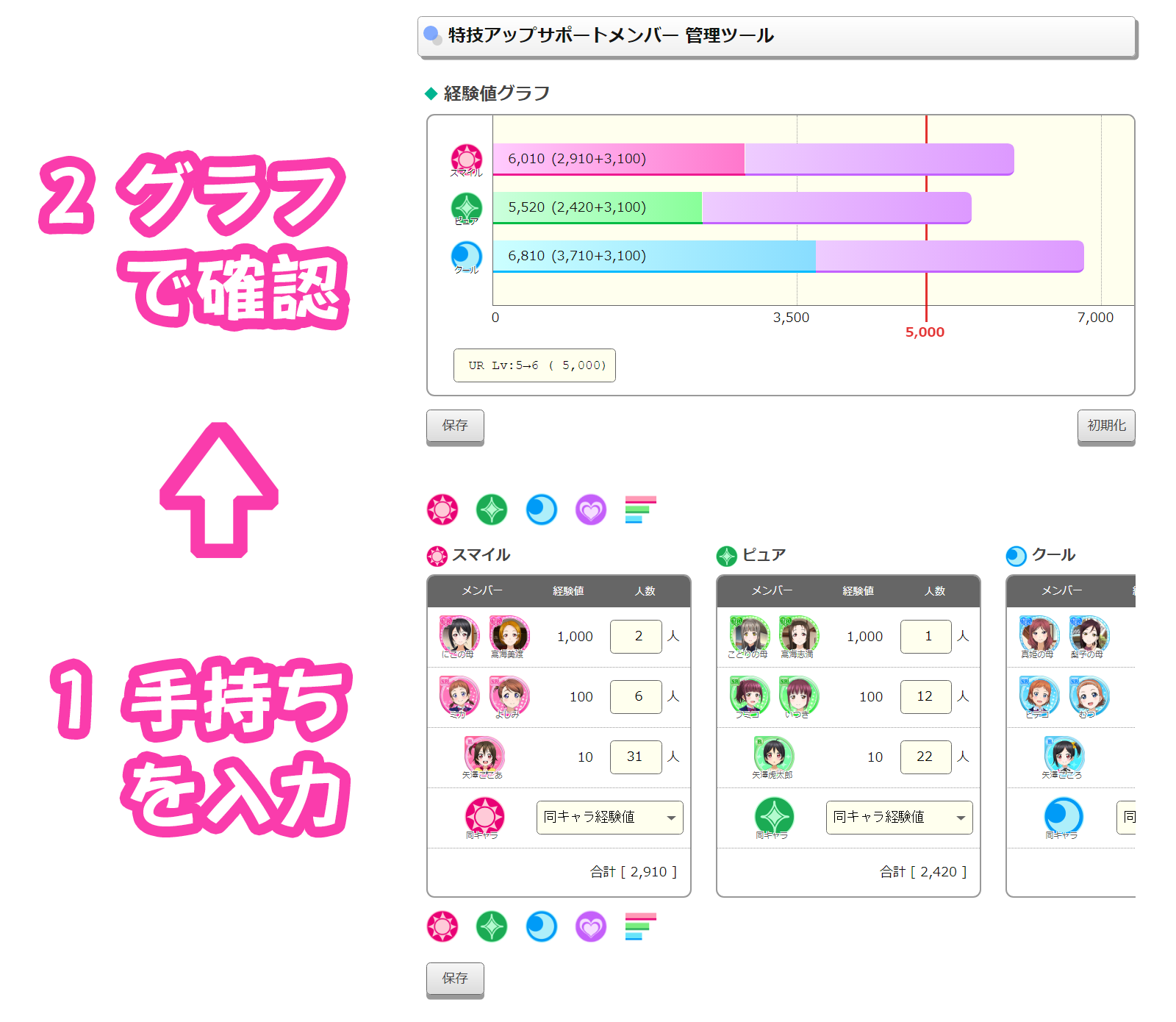 スクフェス 特技アップサポートメンバー 経験値 管理ツール